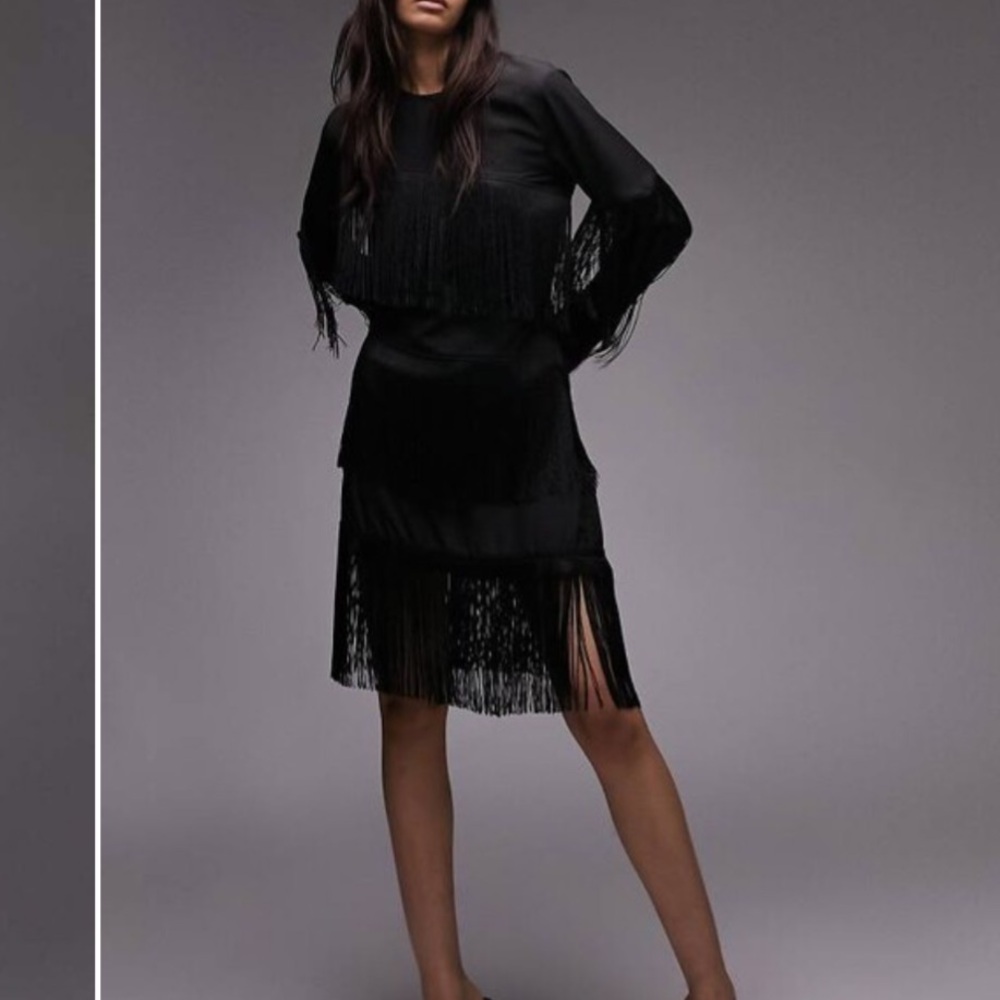 Topshop Black Long Sleeve Fringe Dress Womens size 8 Mobwife Cowgirl edgy - Picture 4 of 13